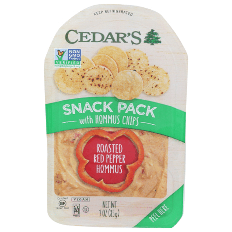 Cedar's. Snack Pack, with Hommus Chips, Roasted Red Pepper Hommus (3 oz