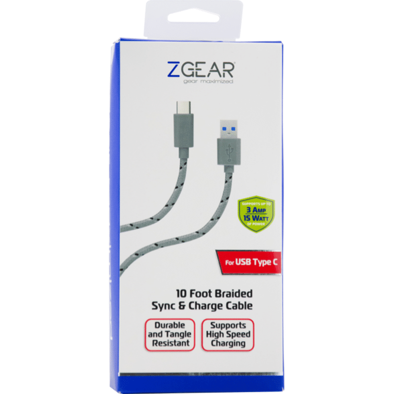 Z Gear 10' Gray 15 Watt 3 Amp Sync & Charge Cable for USB Type C