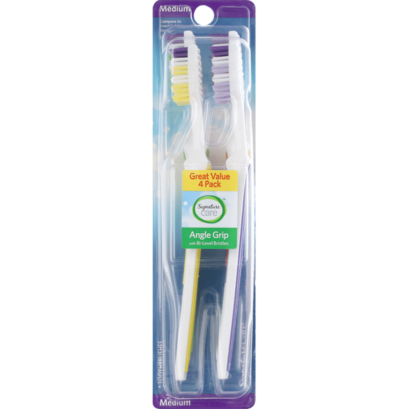 Signature Home Toothbrushes, Medium, Angle Grip, 4 Pack (4 each