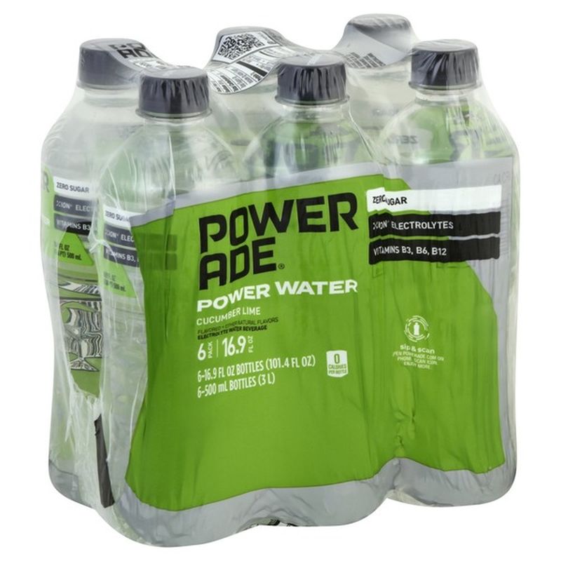 Powerade Water Beverage, Electrolyte, Power Water, Cucumber Lime, 6