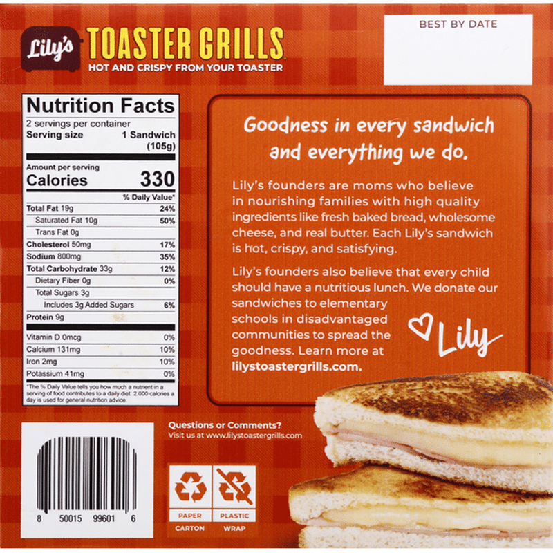 Lilys Toaster Grills Sandwich, Grilled Ham & Cheese, 2 Pack (2 each