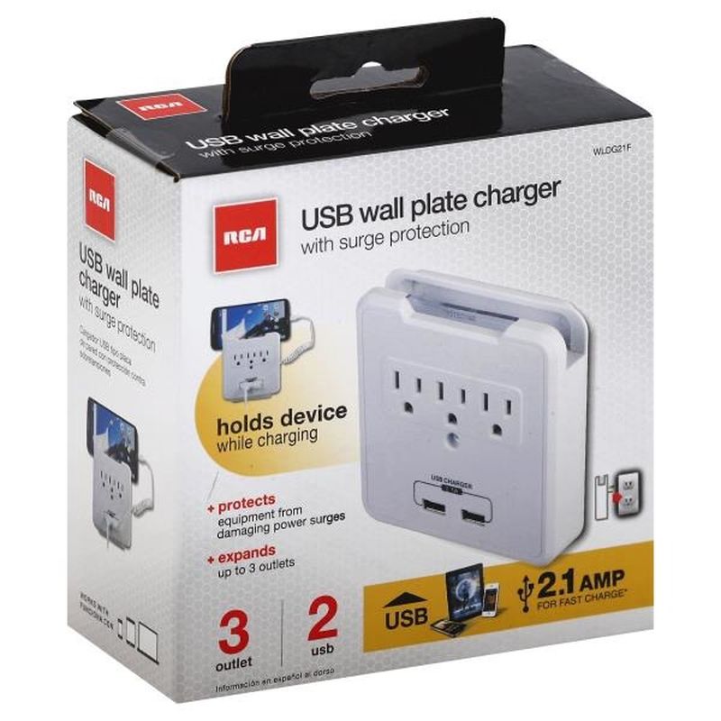 RCA Charger, Wall Plate, USB, with Surge Protection, 3 Outlet, 2 USB