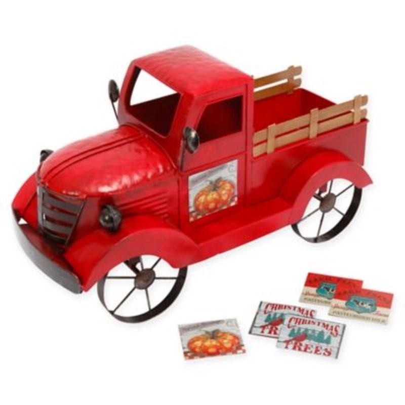 Gerson Company Red Solar Lighted Metal & Wood Antique Truck With 3 Season Magnets