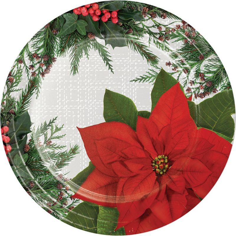 Creative Converting Red, Green & White Poinsettia & Pine Paper Plate