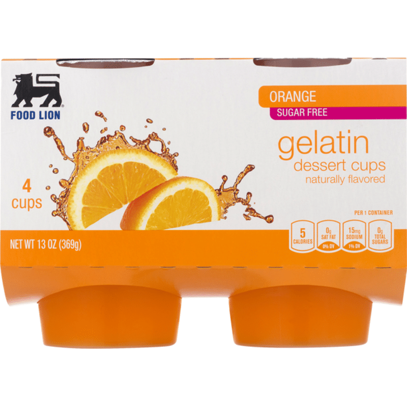 Food Lion Gelatin Dessert, Orange, Sugar Free, Cups, Sleeve (13 oz