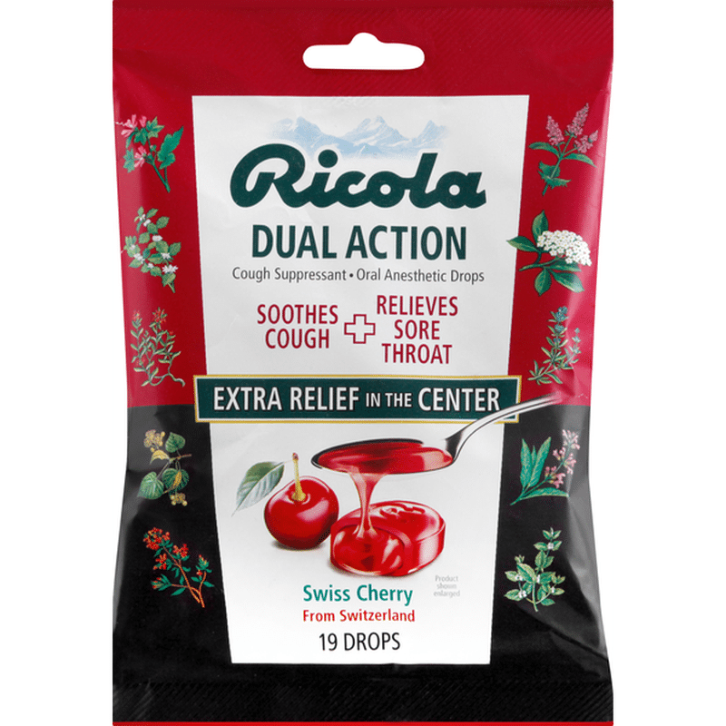 Ricola Cough Suppressant Drops, Dual Action, Swiss Cherry (19 ct