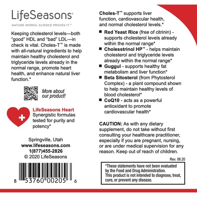 Lifeseasons Choles T Red Yeast Rice Cholesstrinol Hp Guggul Beta Sitosterol Coq10 Cholesterol Support Dietary Supplement Vegetarian Capsules 90 Ct Instacart
