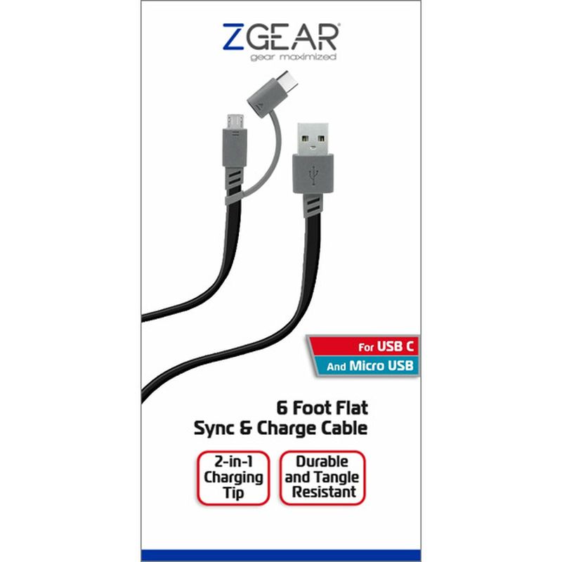 Z Gear 6' Gray Extended Length Sync & Charge Cable for USB Type C & Micro USB