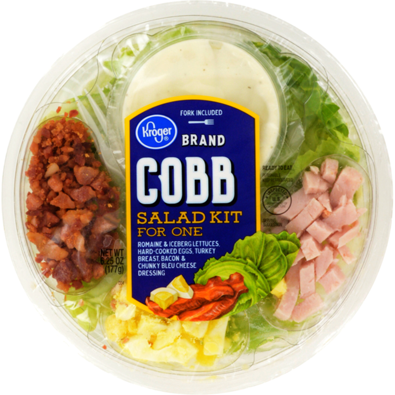 Kroger Fresh Selections Cobb Salad Kit For One, Romaine Lettuce, Hard Boiled Eggs, Turkey Breast, Iceberg Lettuce, Bacon, Chunky Bleu Cheese Dressing