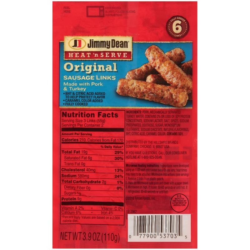 Jimmy Dean Heat 'N Serve Original Pork Sausage Links, 6 Count (3.9 oz