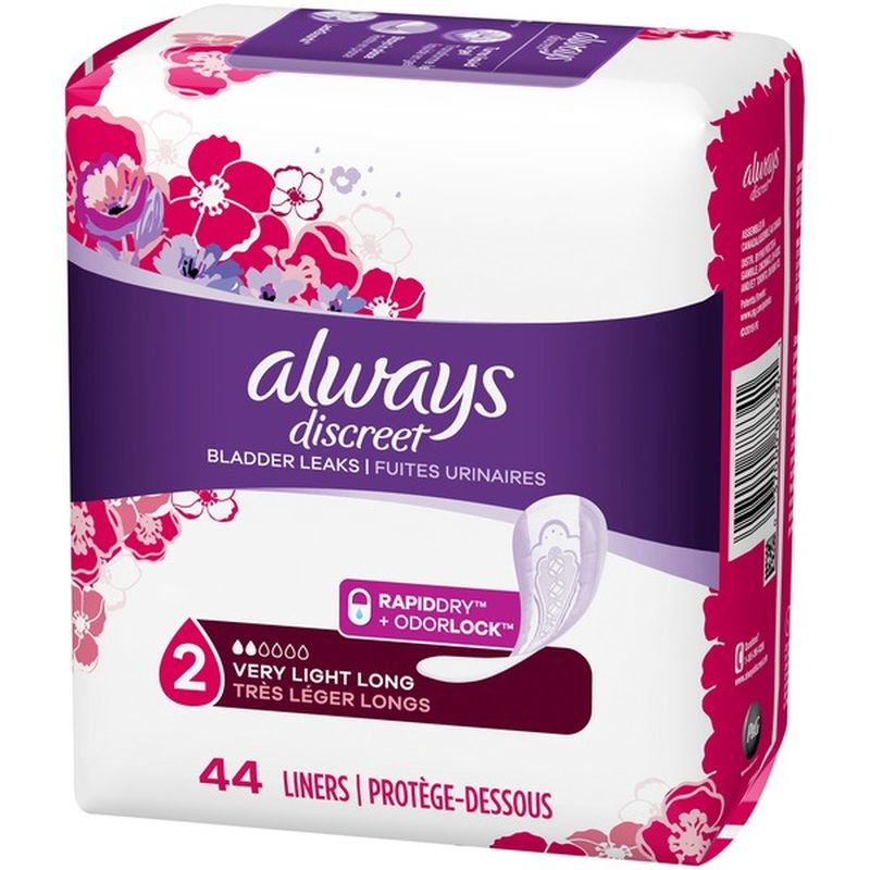 Always Discreet Incontinence Liners, Very Light Absorbency, Long (44 ct ...