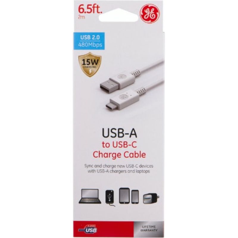 GE 6.5' White USB A to USB C Charging Cable
