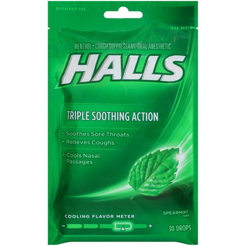 Halls Spearmint Menthol Drops Cough Suppressant/Oral Anesthetic (30 ct