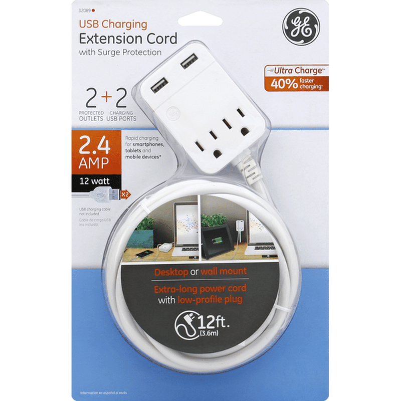 GE Extension Cord, USB Charging, with Surge Protection, 12 Feet (1 each