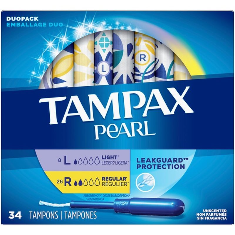 Tampax Tampons Light/Regular Absorbency, Duo Pack, Unscented (34 ct