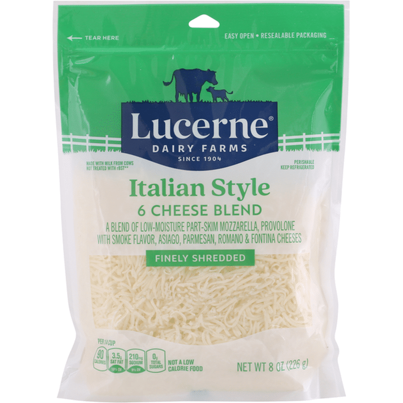 Lucerne Shredded Cheese, 6 Cheese Blend, Finely, Italian Style (8 oz