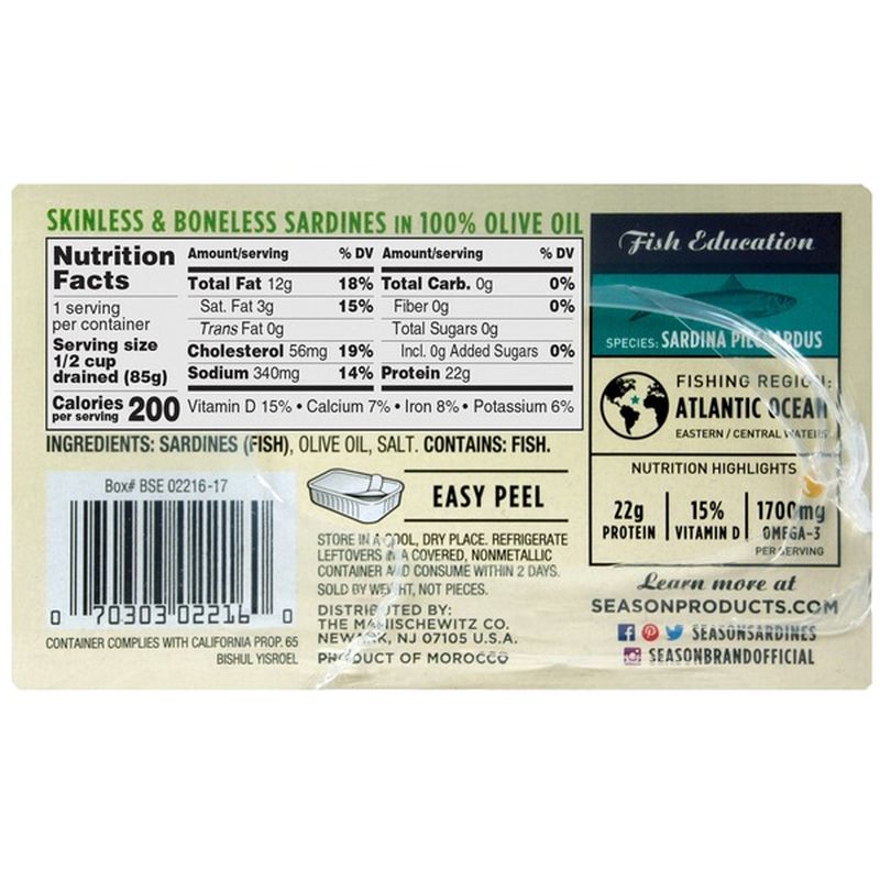 Season Sardines, Skinless & Boneless, in Pure Olive Oil (4 ...