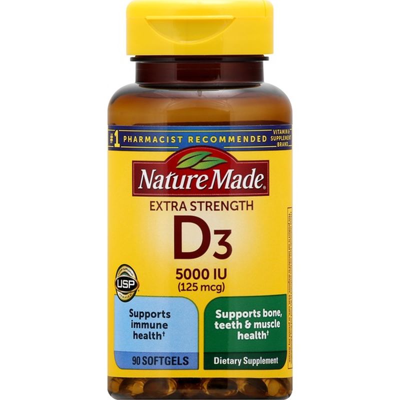 Nature Made Extra Strength Vitamin D3 5000 IU (125 mcg) Softgels (90 ct ...