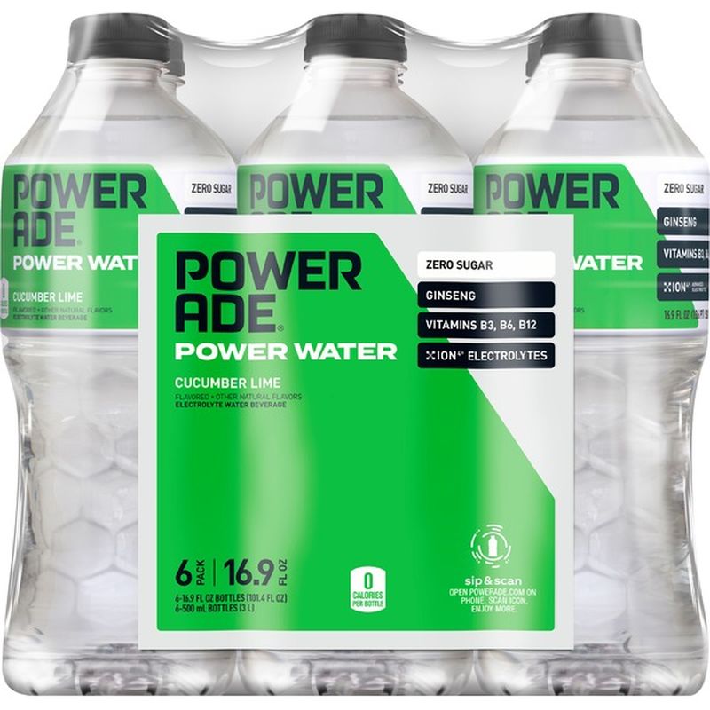 Powerade Water Beverage, Electrolyte, Power Water, Cucumber Lime, 6