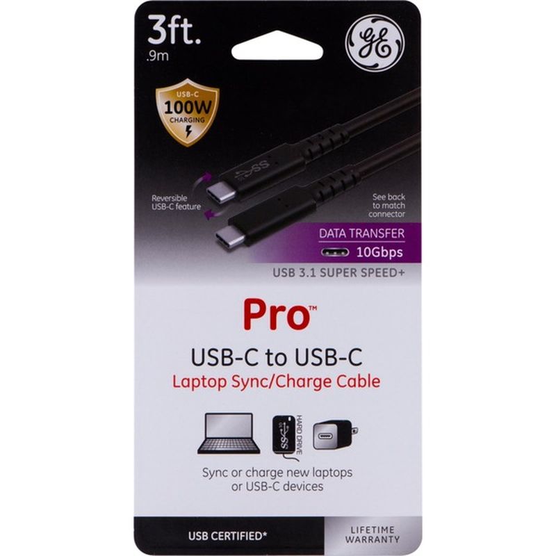 GE Pro 3' Black USB-C to USB-C Laptop Sync & Charge Cable