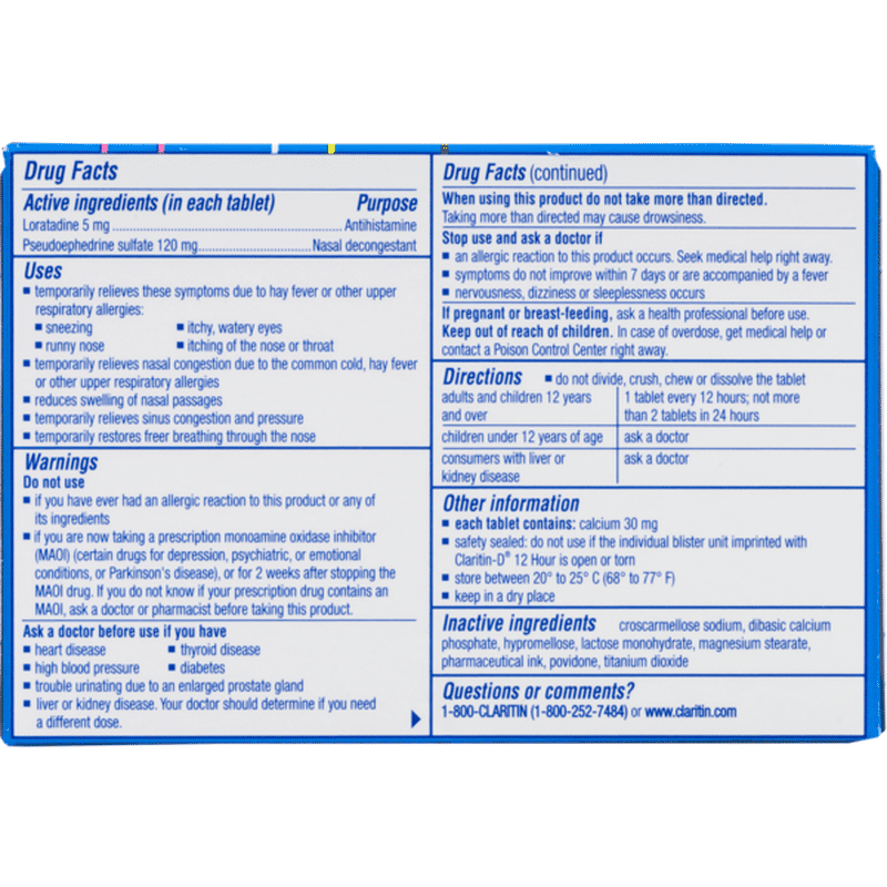 Claritin-D Non-Drowsy 12 Hour Indoor & Outdoor Allergy & Congestion ...