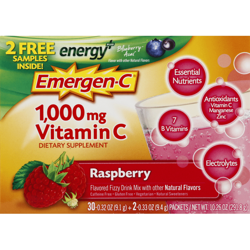 EmergenC Fizzy Drink Mix, Vitamin C, 1000 mg, Raspberry Flavored (32