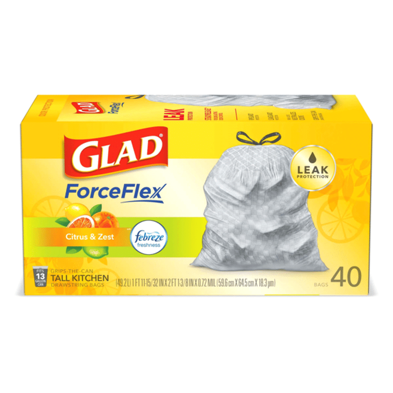 Glad Odor Shield Tall Kitchen Bags, Drawstring, 13 Gallon, Fresh Lemon Scent, 40 bags