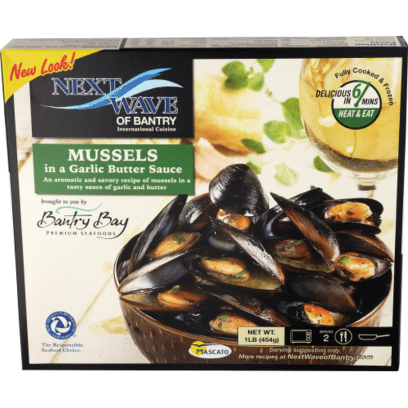 Next Wave Seafood Whole Shell Mussels in a Garlic Butter Sauce, Cooked