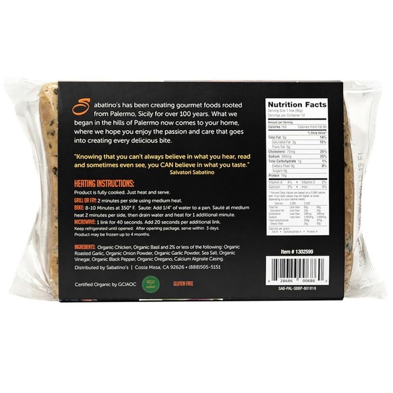 Sabatino's Paleo Organic Sweet Basil Chicken Sausage, 36 oz