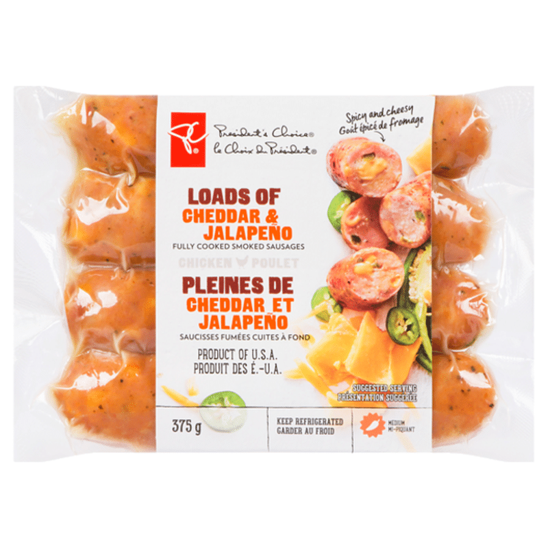 President Choice Loads Of Cheddar & Jalapeno Fully Cooked Smoked Chicken Sausages