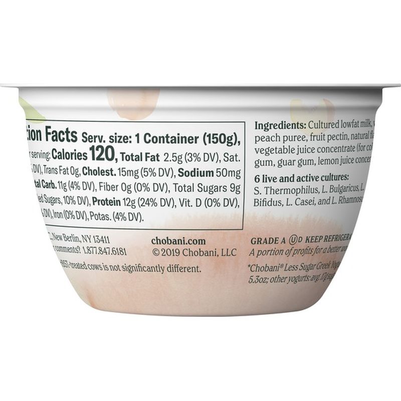 Chobani Less Sugar Clingstone Peach Low-Fat Greek Yogurt (5.3 oz ...