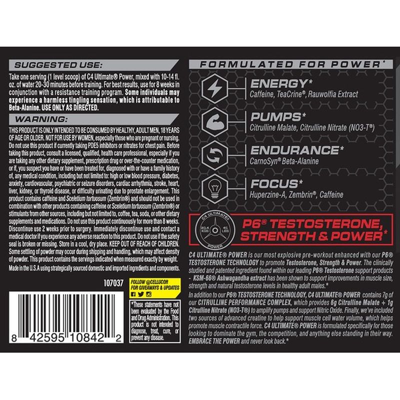 Cellucor C4 Ultimate Power P6 Testosterone Technology The Most Powerful Testosterone Strength Pre Workout Dietary Supplement Powder Cherry Pie 14 5 Oz Instacart