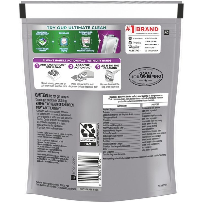 Cascade Platinum Actionpacs Dishwasher Detergent Pods, Fresh (21 ct