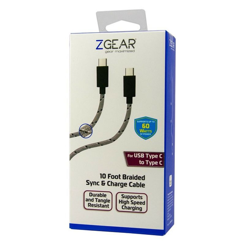 ZGear 10' Gray & Black USB-C to USB-C Braided Cable