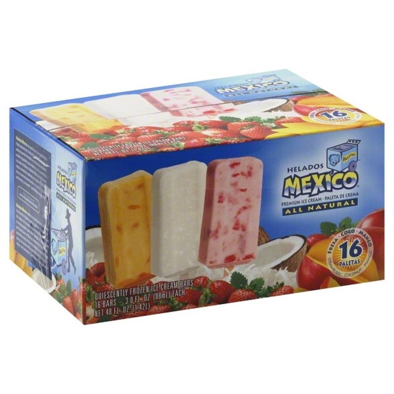 Helados Mexico Ice Cream Bars, Strawberry, Coconut, Mango (16 each