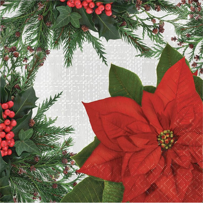 Creative Converting Red Green & White Poinsettia & Pine Lunch Napkin