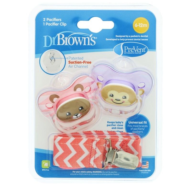 Dr Brown's BPA Free Age 6-12 Months Animal Faces Girl Prevent Orthodontic Printed Pacifier with Clip
