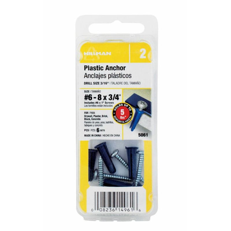 Hillman Group 6-8" x 3/4" PHP SMS Blue Conical Plastic Anchor