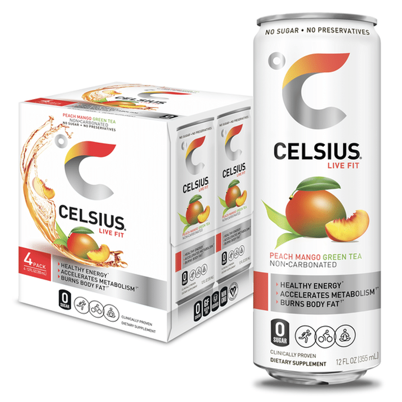 Celsius Energy Drink Peach Mango Green Tea 4 Pack 12 Fl Oz - Instacart