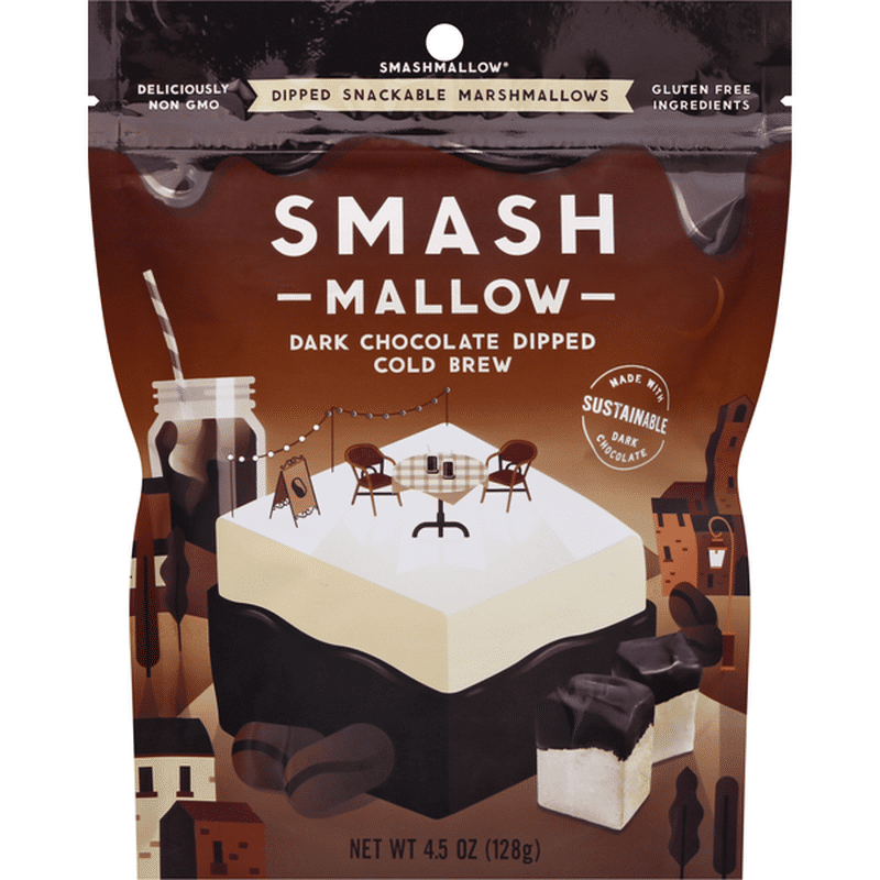 Smash Mallow Marshmallows, Snackable, Dark Chocolate Dipped, Cold Brew
