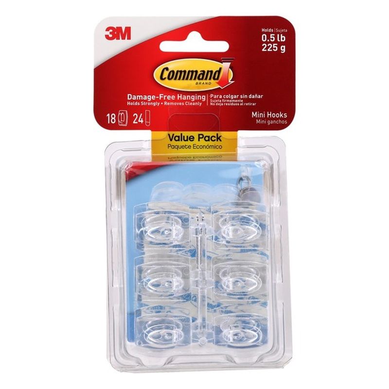 3M Command Clear Hooks with Clear Strips Mini, 18 hooks, 24 strips/pk