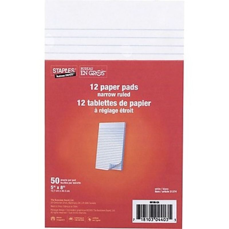 Staples 5" x 8" 50 Sheets White Narrow-Ruled Writing Pads