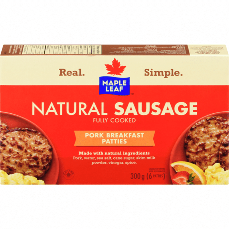 Maple Leaf Fully Cooked Pork Breakfast Natural Sausage Patties (300 g