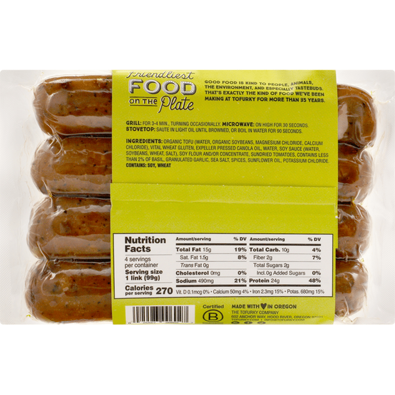 Tofurky Italian Sausage with SunDried Tomatoes and Basil (14 oz) from