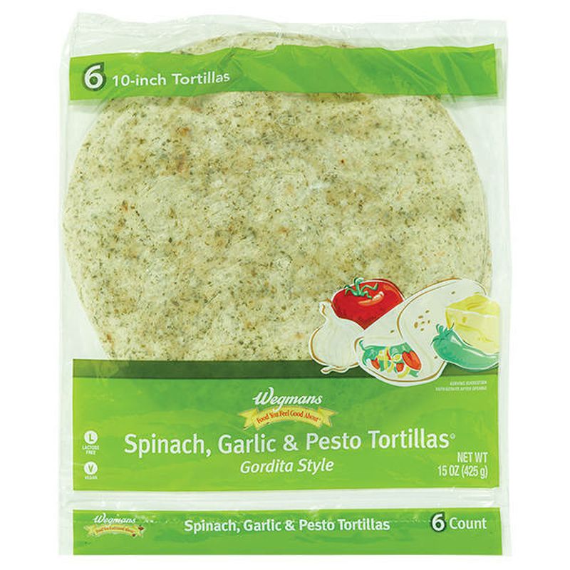 Wegmans Gordita Style Spinach, Garlic & Pesto Tortillas, 10 Inch, 6