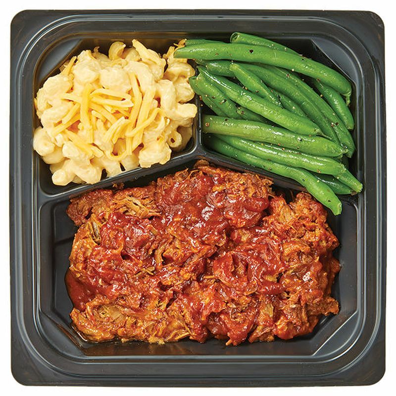 Wegmans Pulled Pork with BBQ Sauce, Seasoned Green Beans and Macaroni