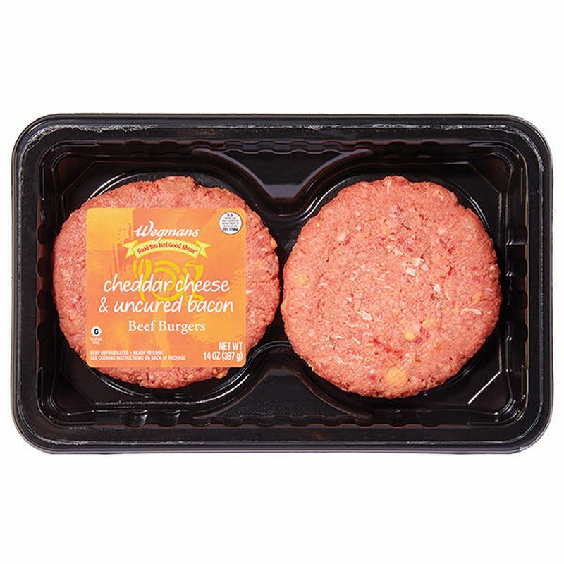 Wegmans Cheddar Cheese & Uncured Bacon Beef Burgers, 2 Pack Wegmans